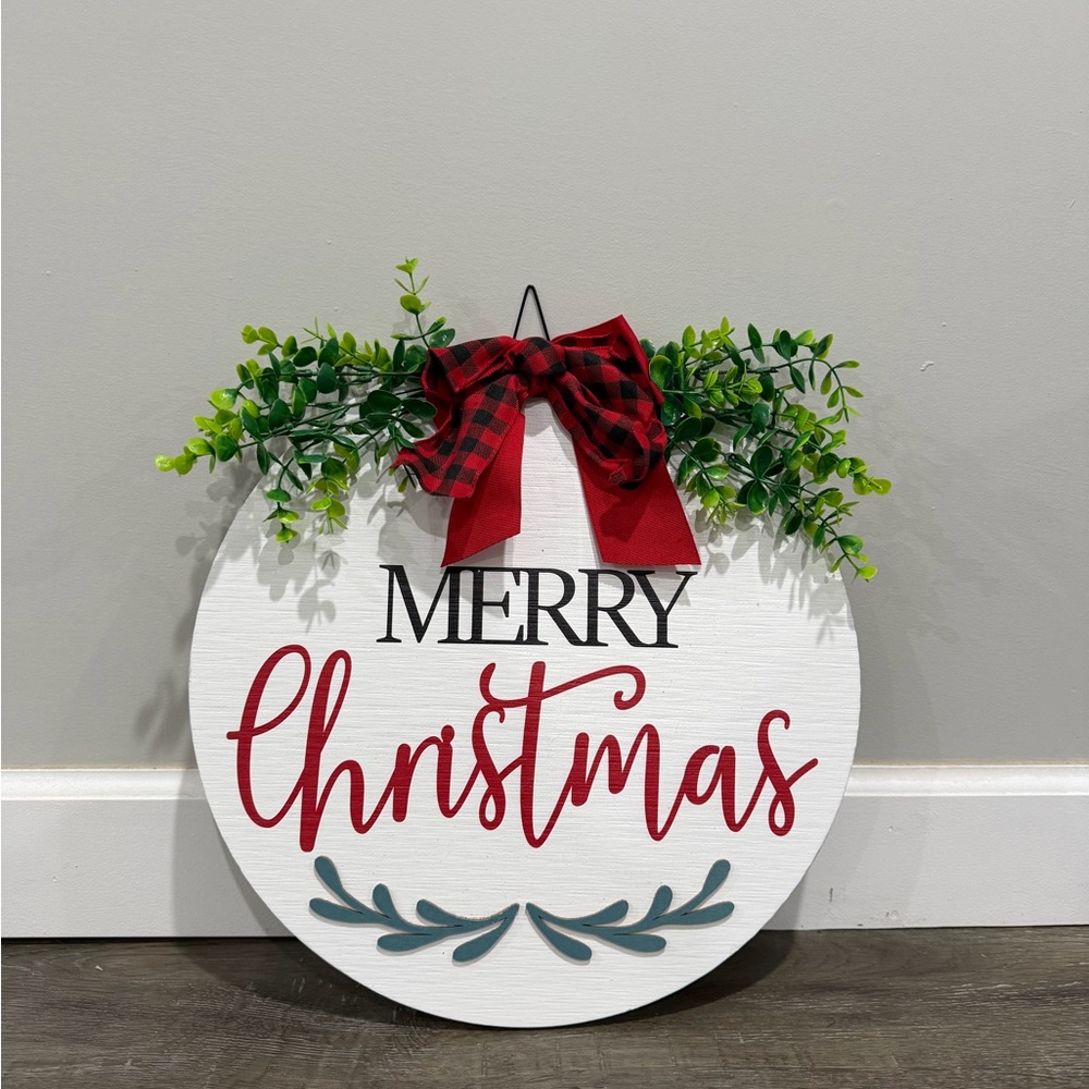 Festive Merry Christmas Wall Sign with Red Bow